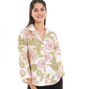 Mango NWT Pink Green and Cream Floral Button Up Collared Blouse